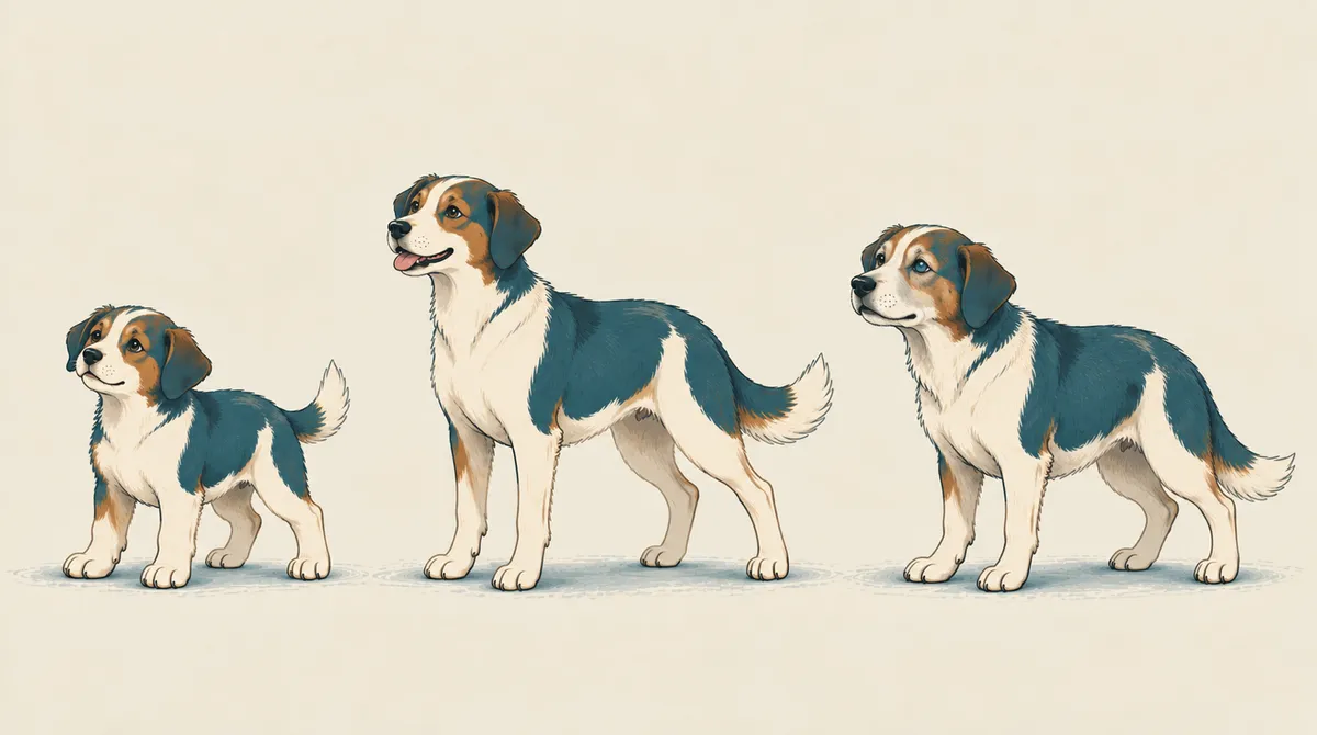 Illustration of the same dog as a puppy, an adult and a senior, showing the visible features that change with age.