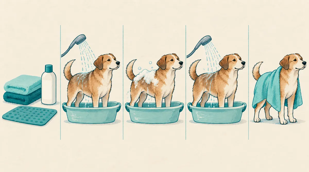 Five-step illustration of bathing a dog: prepare, wet the coat, lather, rinse and towel dry.