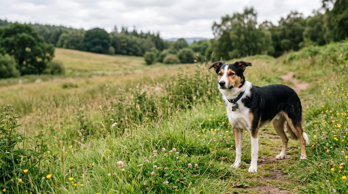 Dog standing in a quiet outdoor setting with a relaxed-looking body posture.