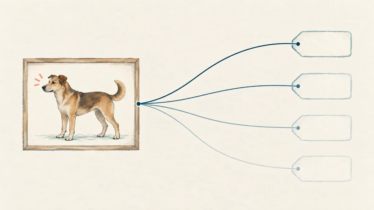 Diagram showing one dog photo leading to several possible breed cues, with certainty fading for mixed ancestry.