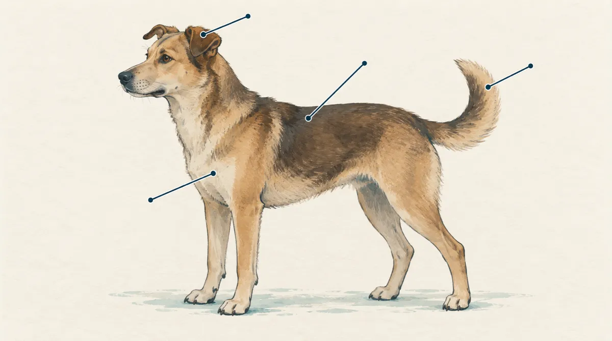 Illustration of a mixed-breed dog in profile with lines pointing to its ears, coat, tail carriage and build.