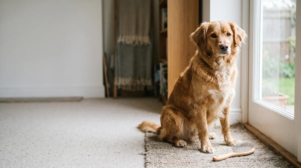 Relaxed dog with textured coat beside an unused grooming brush.