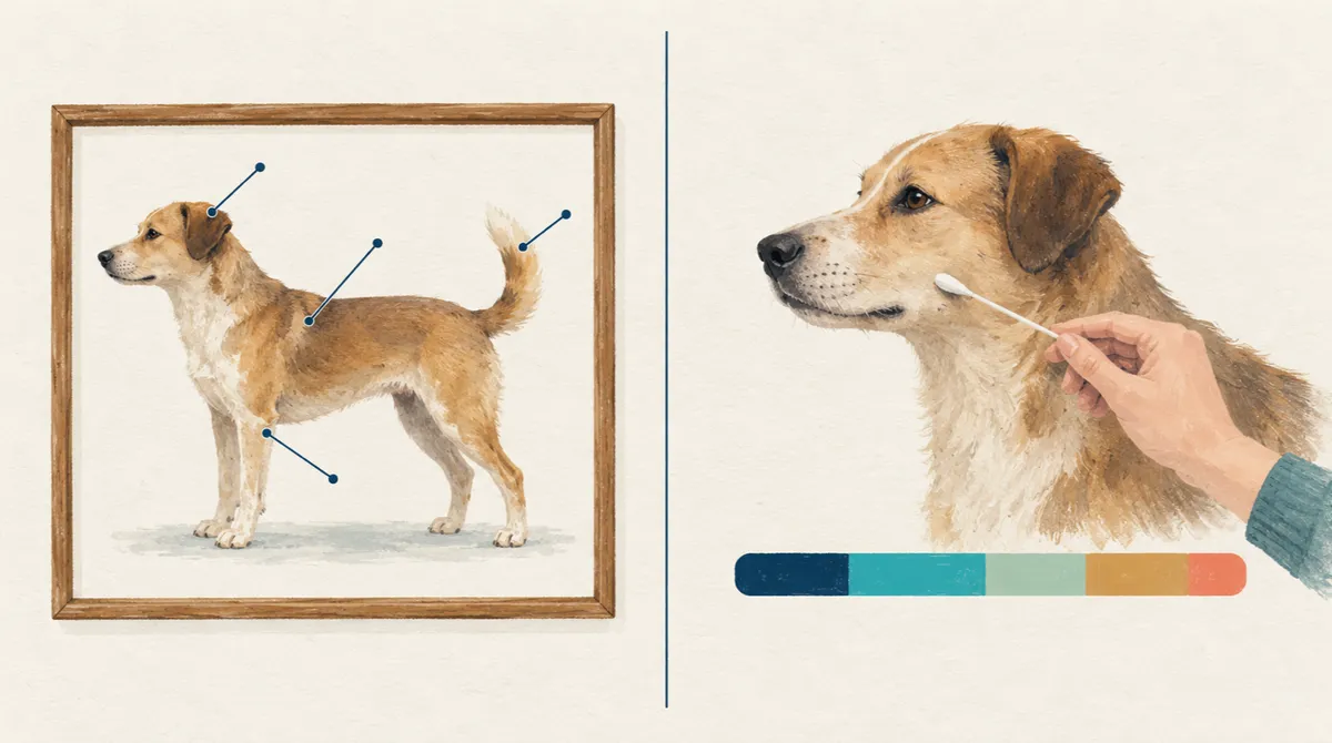 Split illustration comparing what a photo shows about a dog with what a DNA test estimates.
