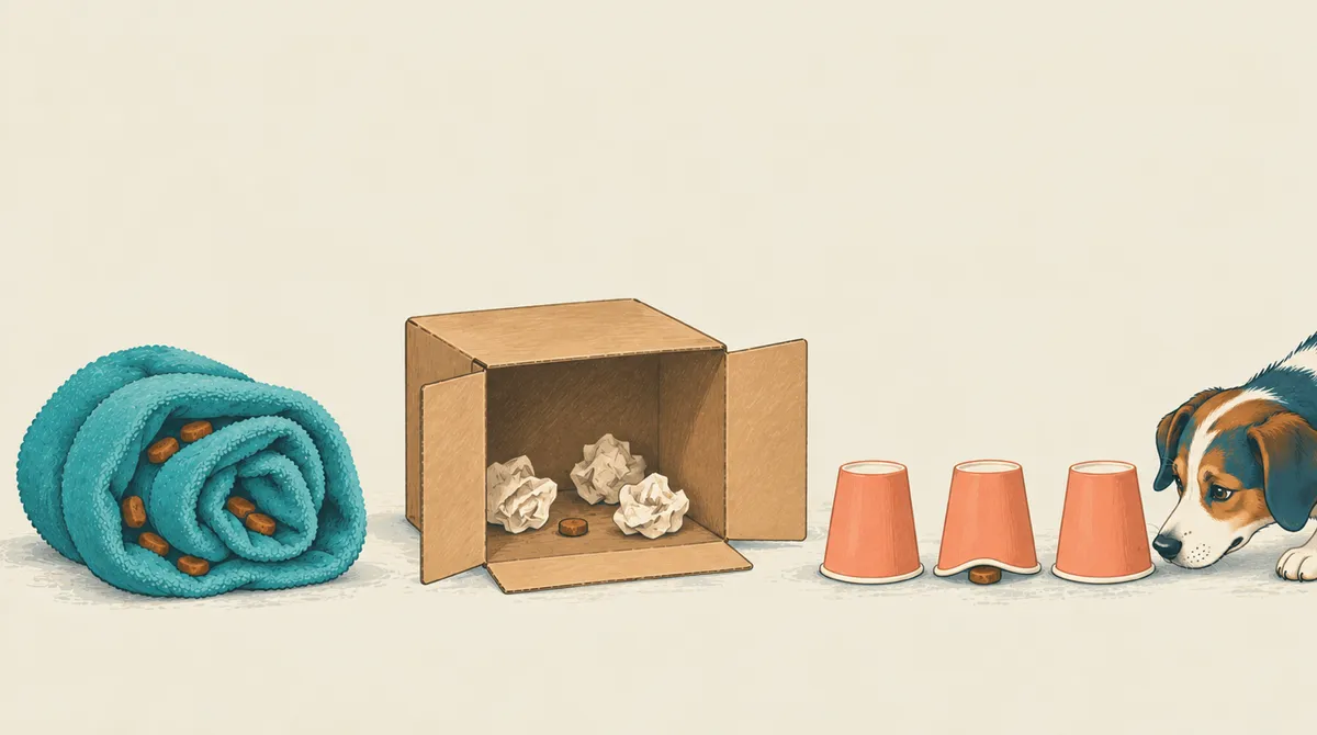 Illustration of three homemade dog enrichment items: a snuffle roll, a destruction box and treats hidden under cups.