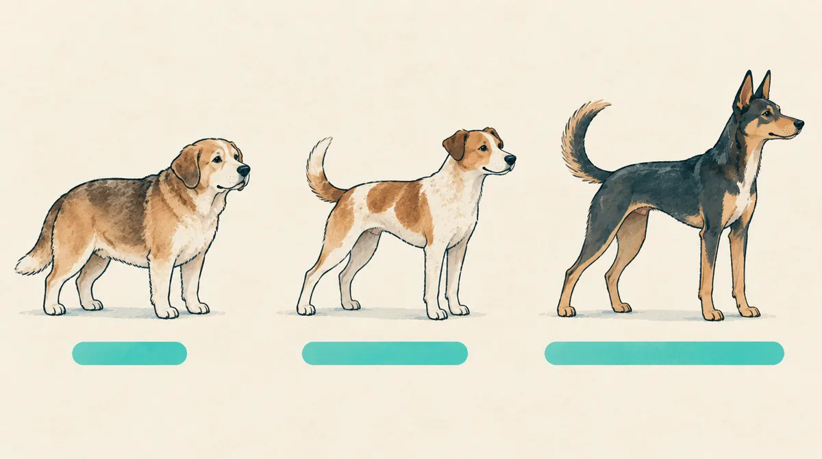 Illustration of three dogs with different builds above short, medium and long teal exercise bars.