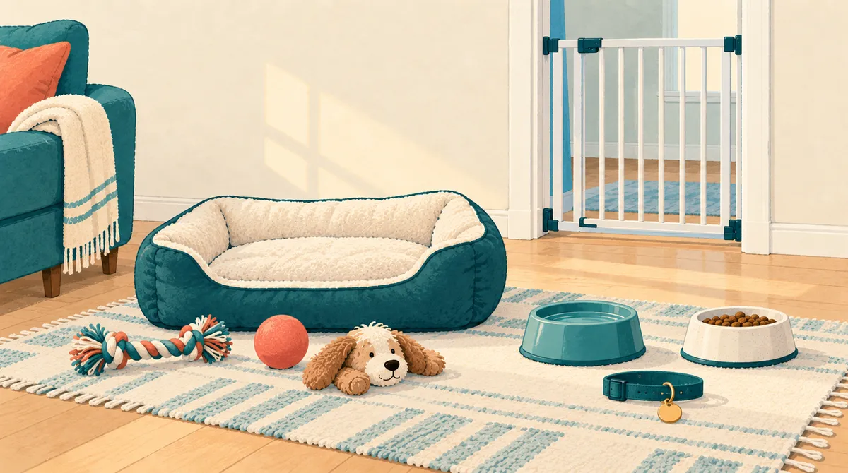 Illustration of a prepared corner for a new dog with a bed, water bowl, toys and a baby gate.