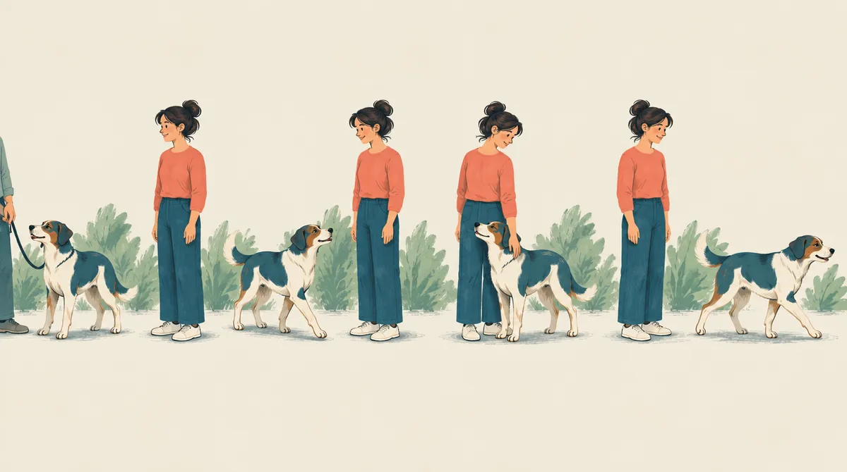 Four-step illustration of greeting a dog politely: ask the owner, wait for the dog, a brief shoulder stroke, let it leave.