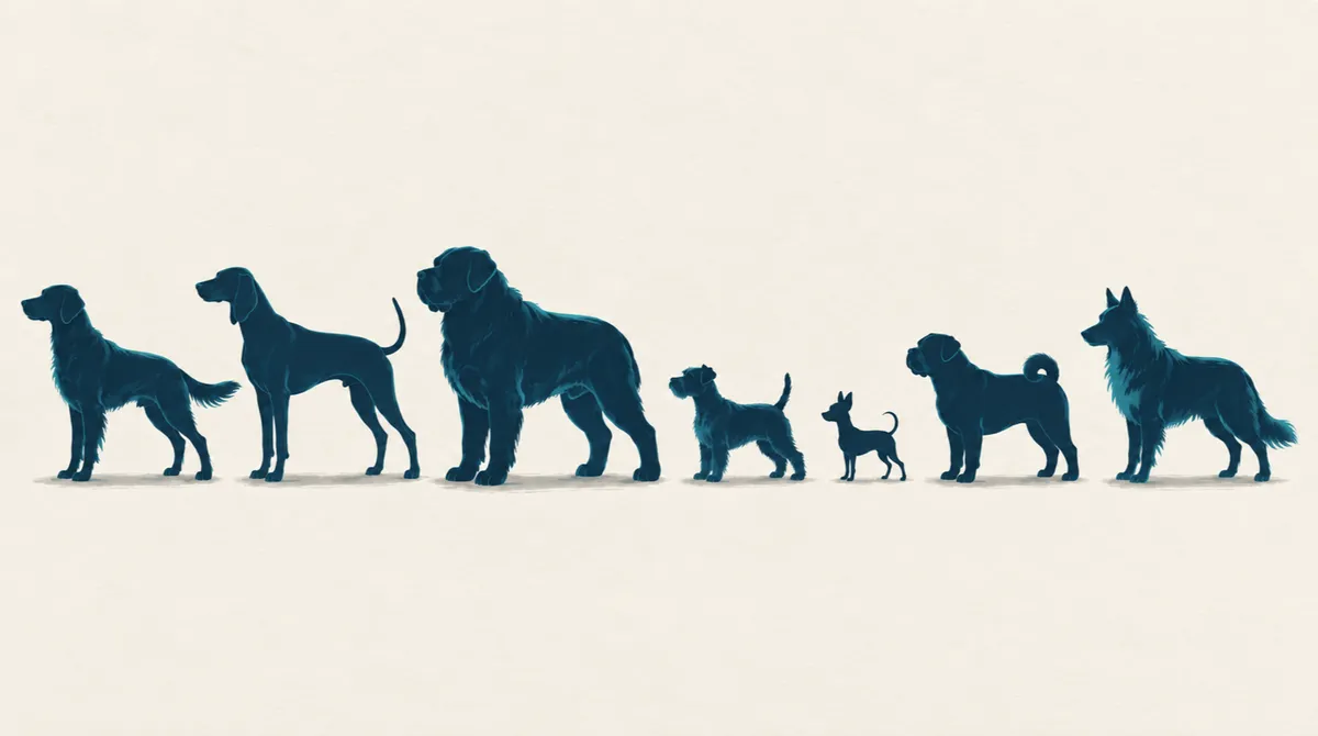 Row of seven dog silhouettes of different shapes and sizes, one for each of the seven breed groups.