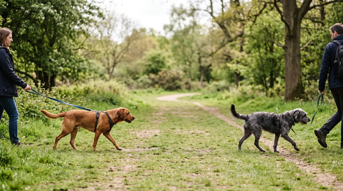 Two dogs walking several metres apart outdoors with a handler for each dog.