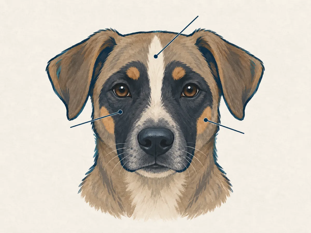 Illustration of a dog's face showing a light blaze, a darker mask around the eyes and muzzle, and tan points on the cheeks and brows.