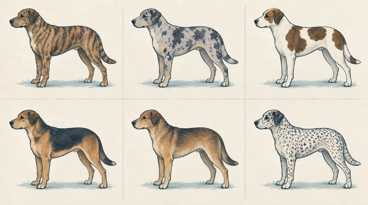 Six panel grid showing the same dog shape patterned as brindle, merle, piebald, saddle, sable and ticked.