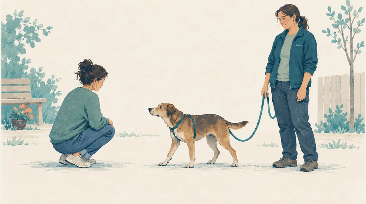 Illustration of a visitor crouching sideways while a shelter dog approaches on a loose lead.