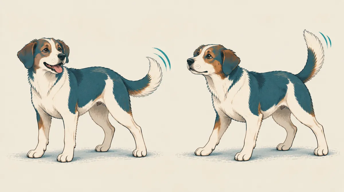 Illustration of the same dog wagging in two postures: relaxed with an open mouth, and tense with a higher tail.