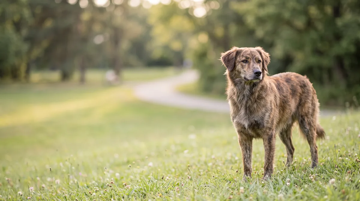 Dog standing outdoors in even light with its full body visible.
