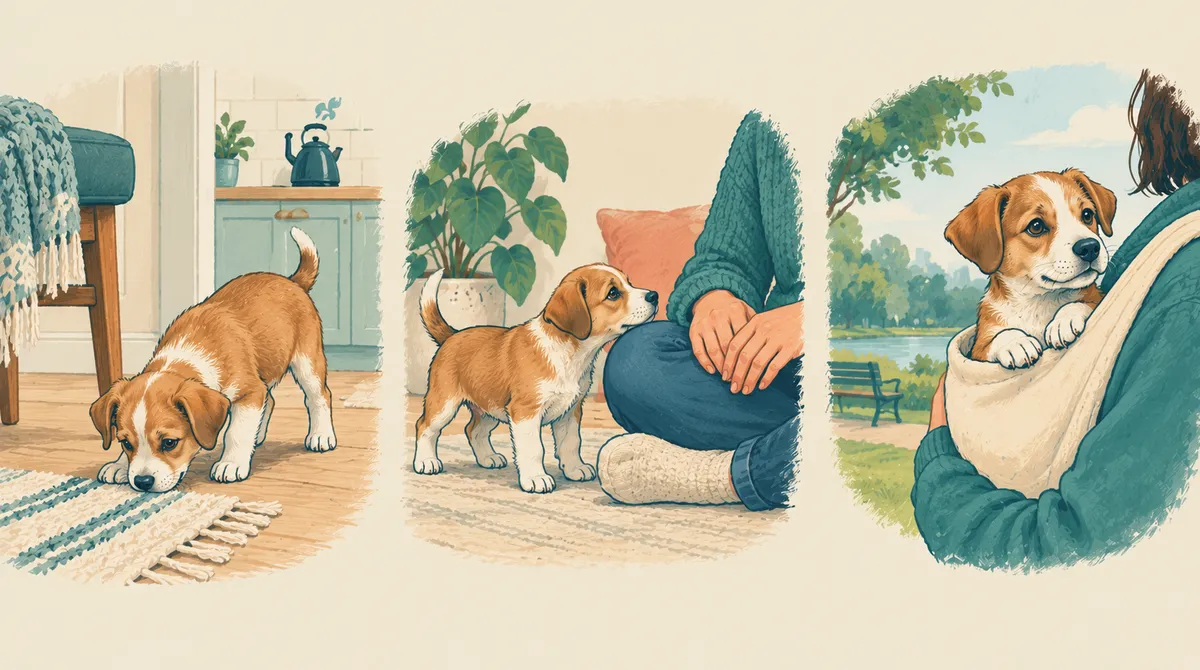 Three scenes of a puppy exploring indoors, approaching a seated person and being carried outdoors in a sling.