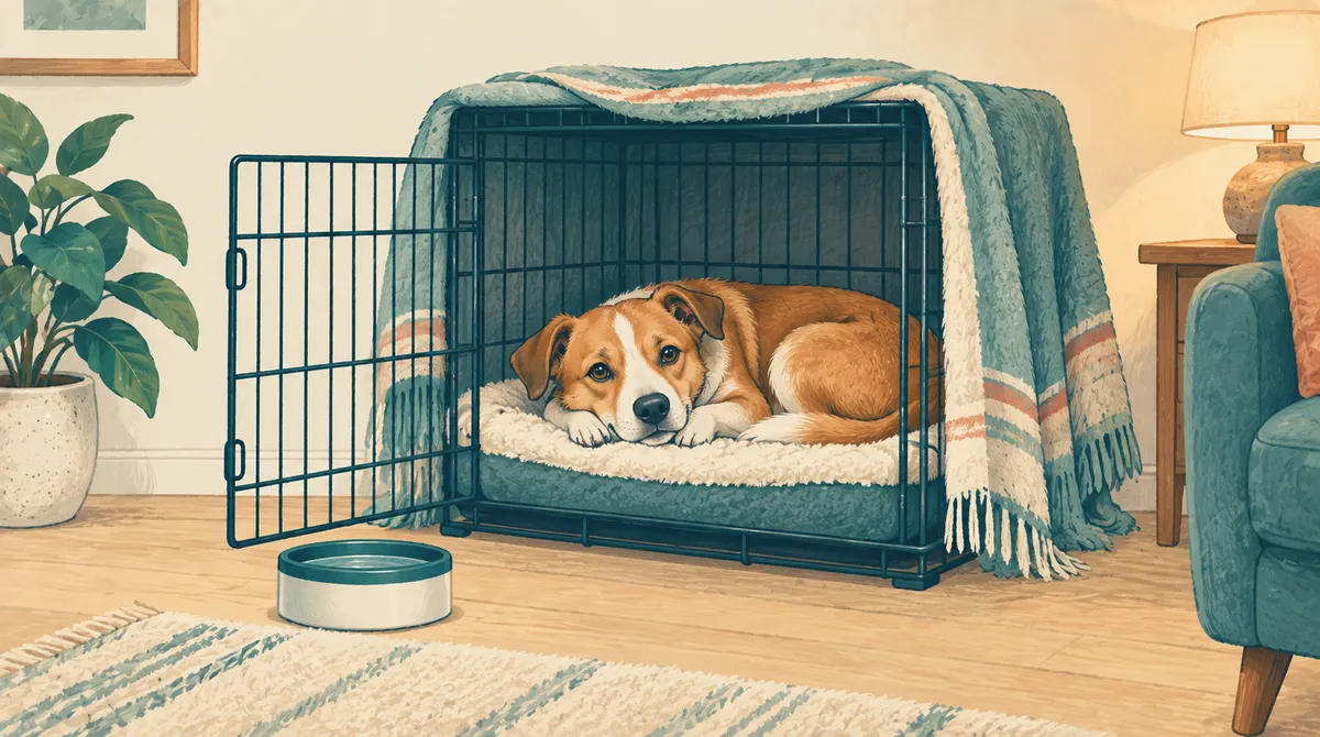 Illustration of a dog resting in an open, partly covered crate in a quiet corner.