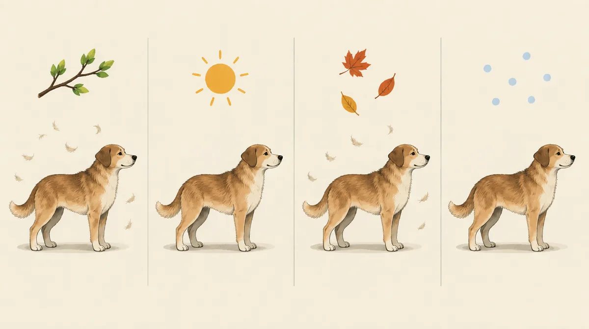Year calendar illustration highlighting heavier dog shedding in spring and autumn.