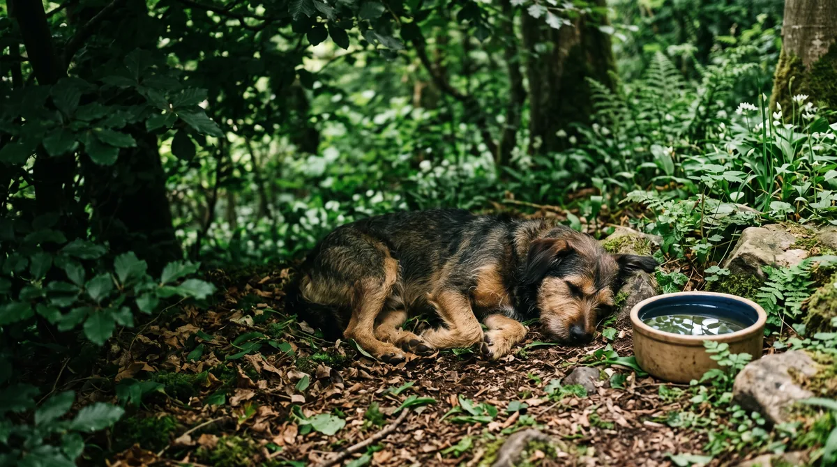 Dog resting in shade near a water bowl on a warm day.